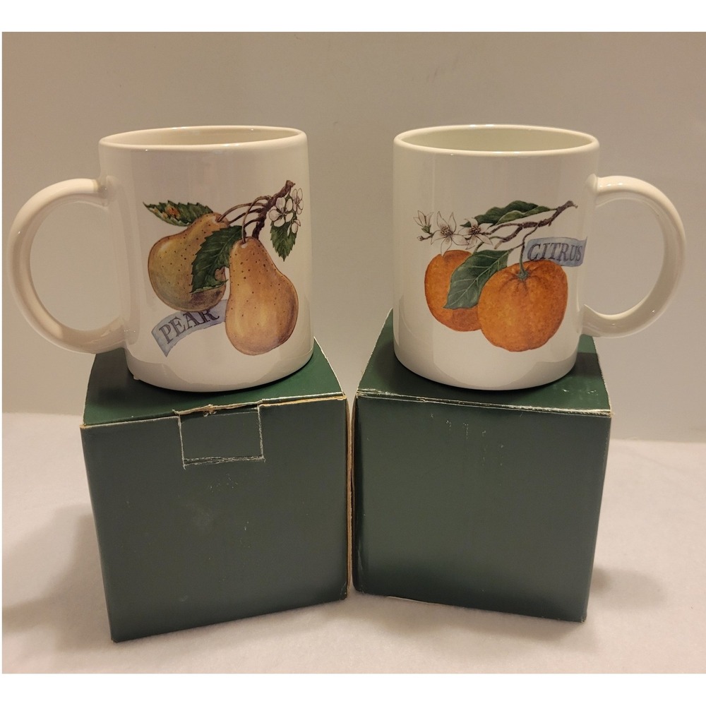 Vtg Venture Coffee Mugs Set 2 OS White Pear Citrus‎ Fruit Botanical Retro Style